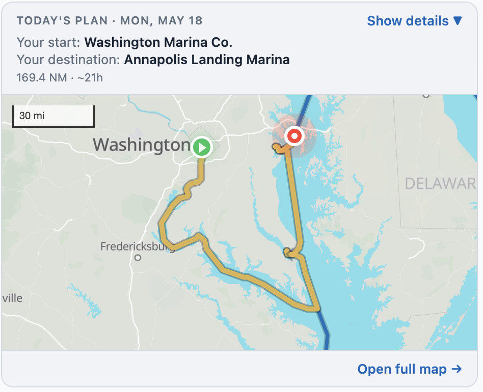 The Today's Plan embed showing a 169.4 NM route from Washington Marina Co. to Annapolis Landing Marina, with the eyebrow 'TODAY'S PLAN · MON, MAY 18', start and destination pins, and an Open full map link.