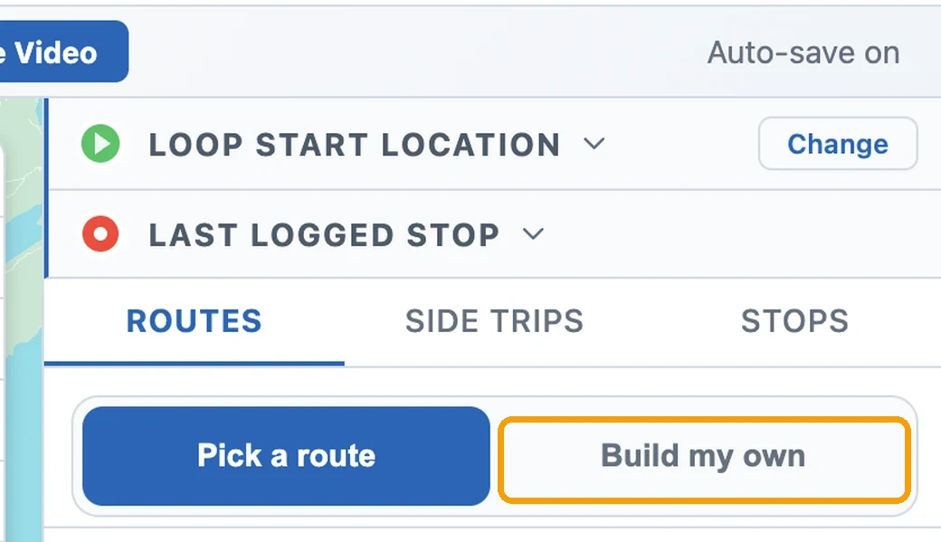 The planner's Routes panel with a two-way switch — "Pick a route" and "Build my own" — below the ROUTES / SIDE TRIPS / STOPS tabs.