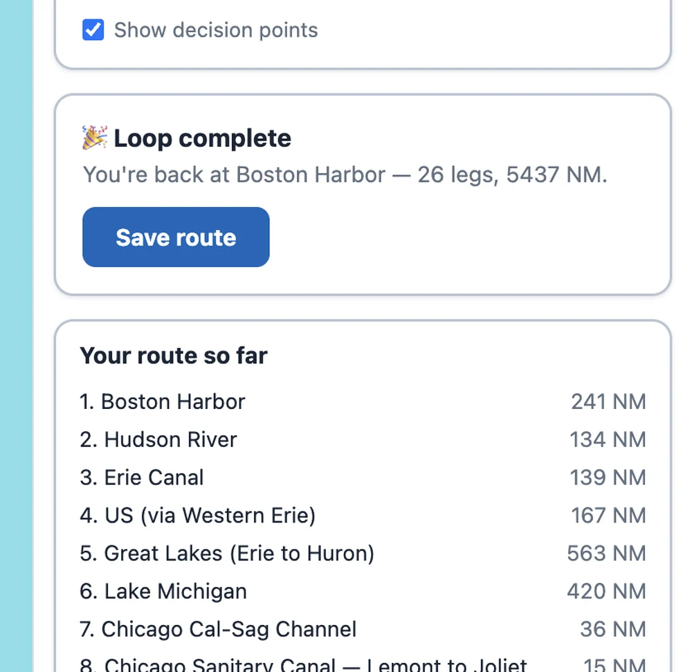 The builder panel showing a "Loop complete" banner reading "You're back at Boston Harbor — 26 legs, 5,437 NM," a blue Save route button, and a "Your route so far" list.