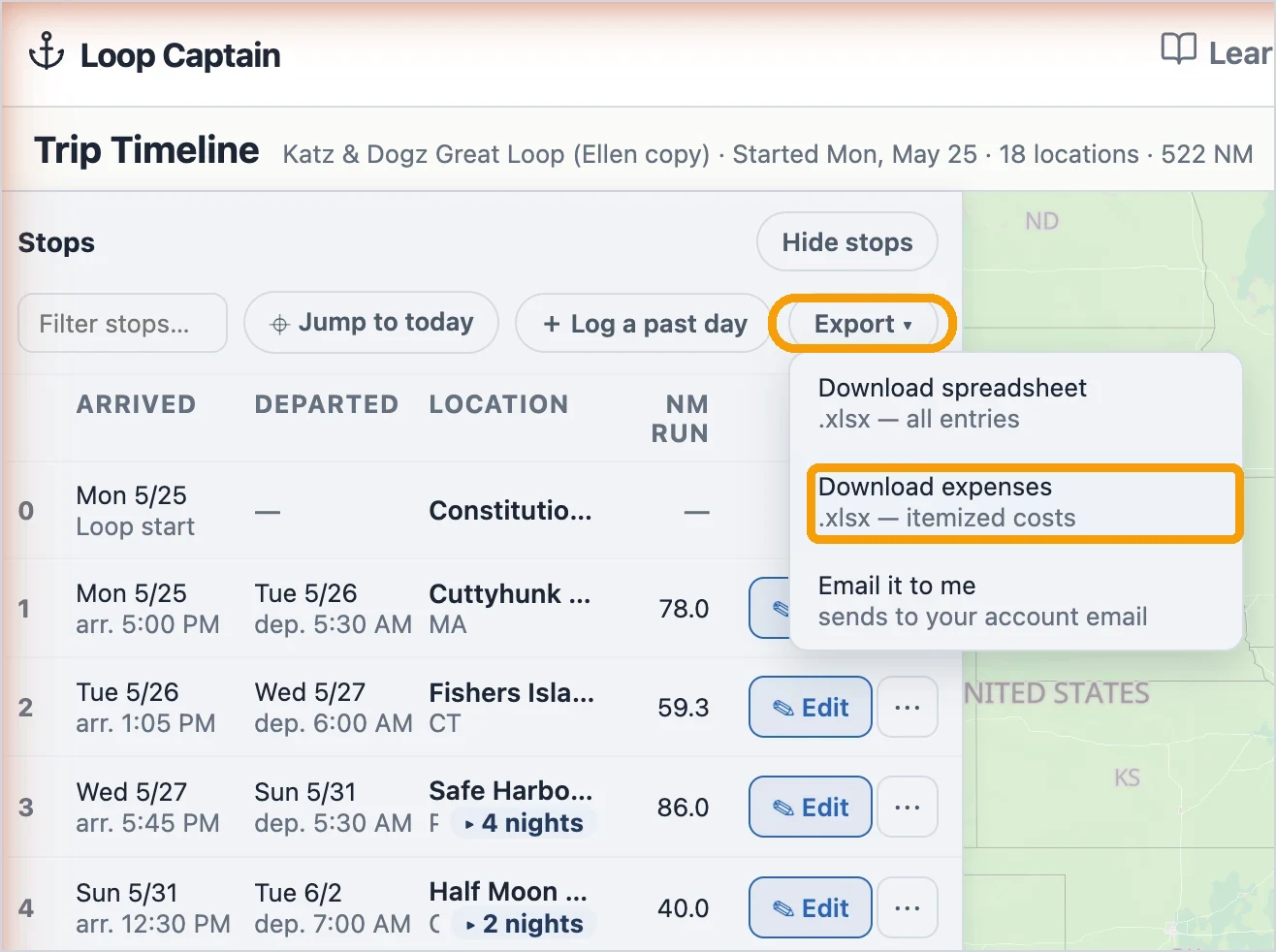 The trip timeline's Export menu open, with the Export button and the Download expenses option (.xlsx — itemized costs) highlighted in amber; the other options are Download spreadsheet and Email it to me.