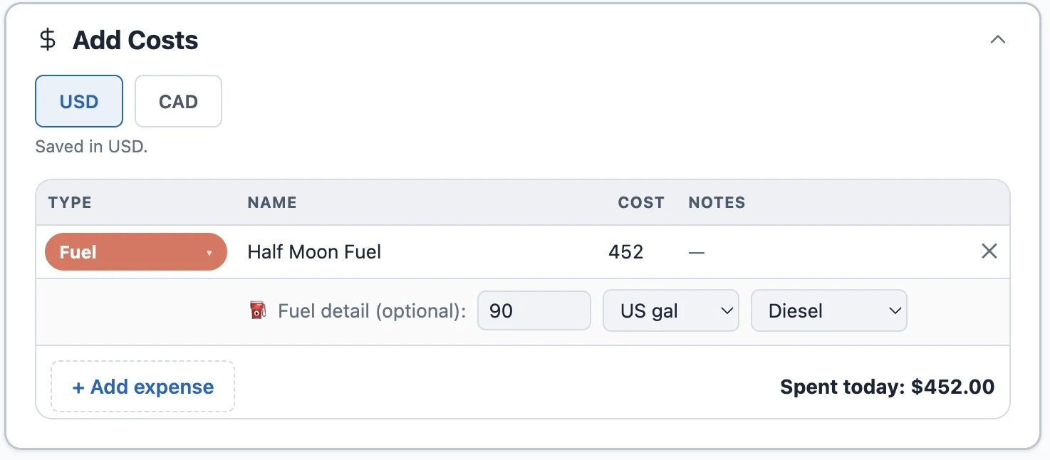 A Fuel line in the Add Costs ledger — Half Moon Fuel, $452 — with the optional fuel-detail row beneath it, aligned under the Name column: quantity 90, unit US gal, type Diesel.
