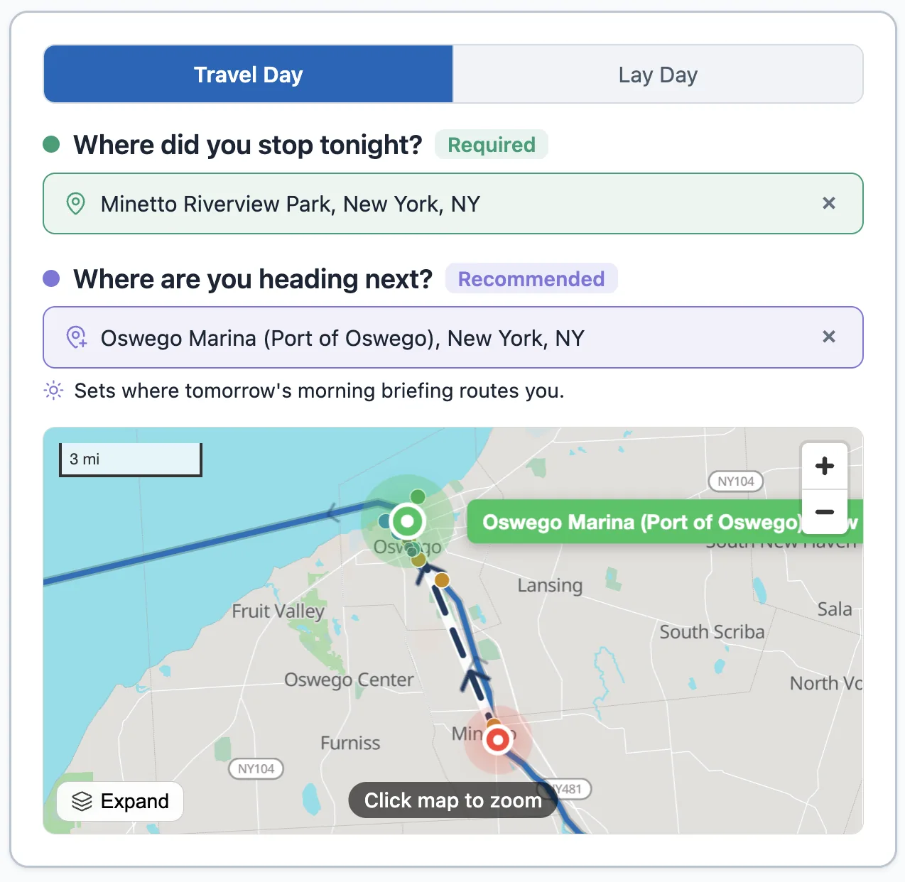 The Log a stop form with both questions answered inline — "Where did you stop tonight?" set to Minetto Riverview Park and "Where are you heading next?" set to Oswego Marina — above a small route map of the leg with Expand and zoom controls.