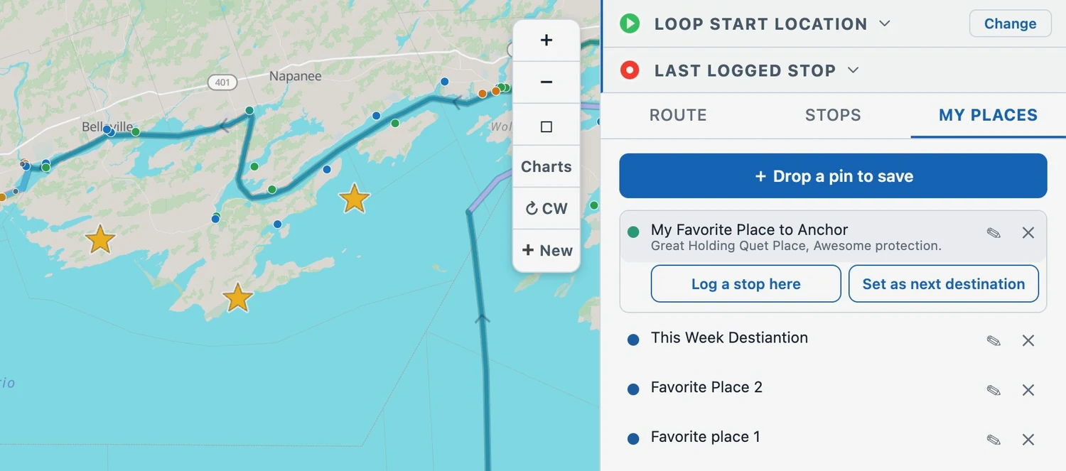 The planner with the My Places tab open: three gold-star saved places out on Lake Ontario, and the My Places list beside them with one place expanded to show Log a stop here and Set as next destination.