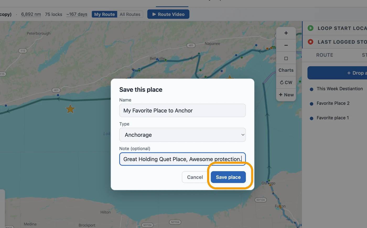 The Save this place sheet over the planner — Name, Type (Anchorage), and an optional Note — with the blue Save place button ringed in amber.
