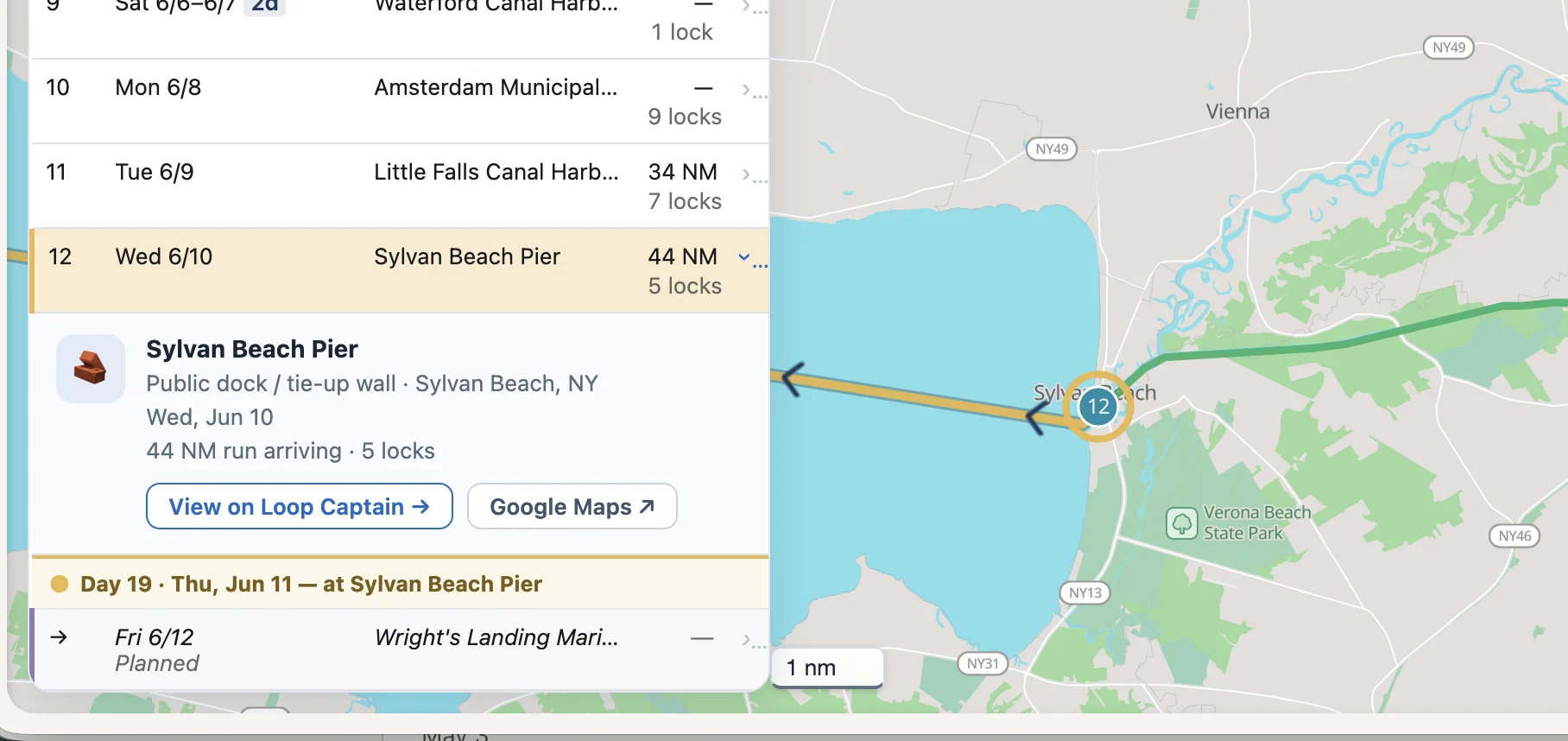 A stop row expanded in the shared Legs table: Sylvan Beach Pier, public dock / tie-up wall in Sylvan Beach, NY, arrived Wed, Jun 10 after a 44 NM run with 5 locks — with View on Loop Captain and Google Maps buttons, and the gold Day 31 marker line and planned Wright's Landing row below.