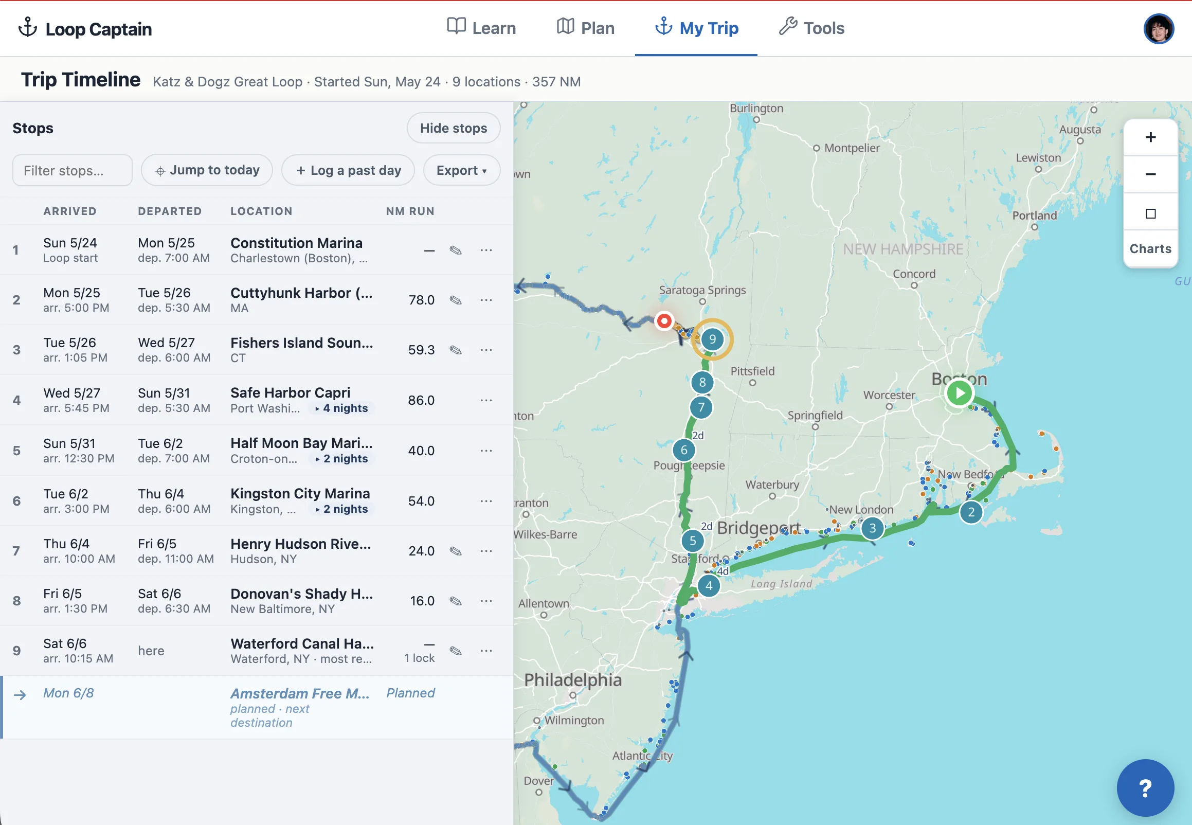 The new Trip Timeline: a stops table listing nine numbered stops from Constitution Marina in Boston to Waterford Canal Harbor — each with weekday arrival and departure dates, times, and miles run — beside a map of the Northeast with the completed route drawn in green from Boston through Long Island Sound and up the Hudson, the most recent stop circled in gold, and the route ahead in blue.