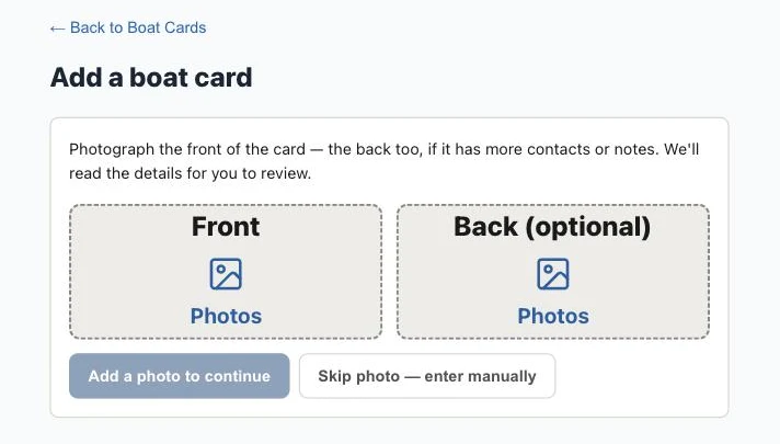 The Add a boat card screen: photograph the card's front (and optionally the back), or skip the photo and enter details manually.