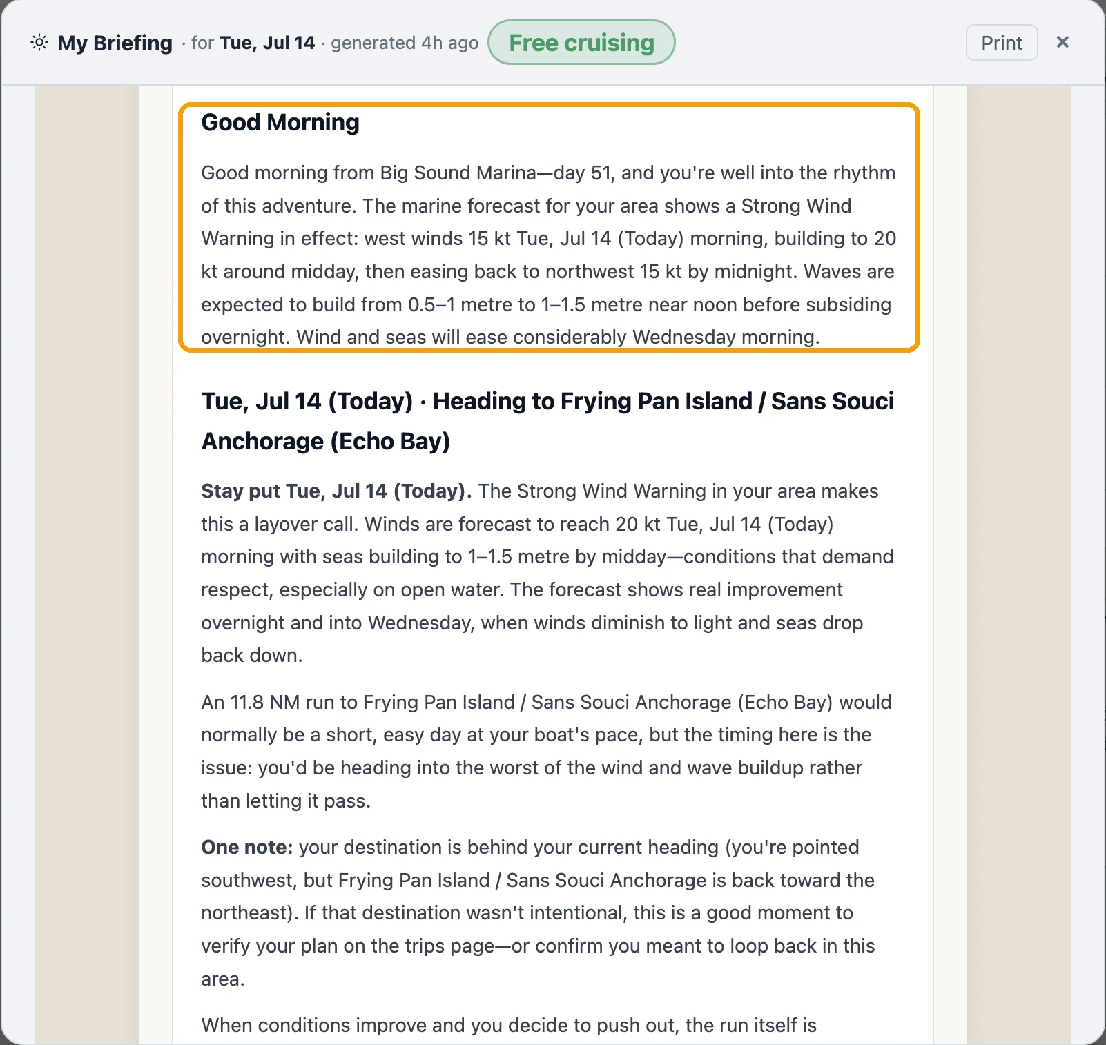 A morning briefing's Good Morning section naming a Strong Wind Warning with specific wind speeds, wave heights, and timing for the day ahead.