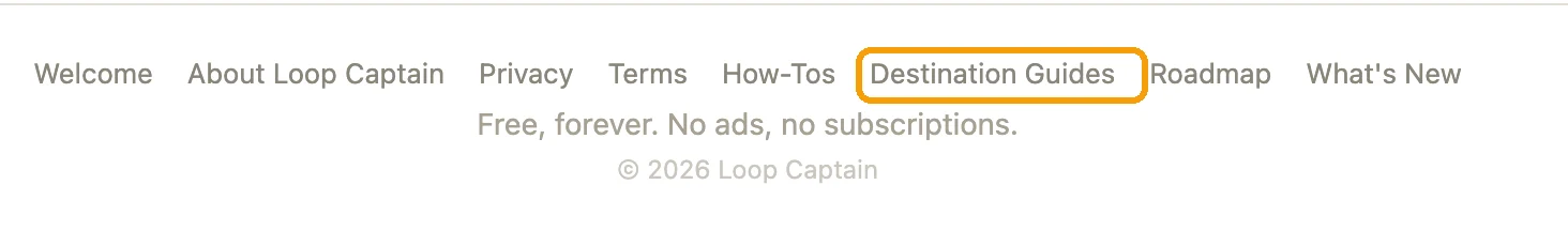 The footer at the bottom of every Loop Captain page, with the 'Destination Guides' link circled.