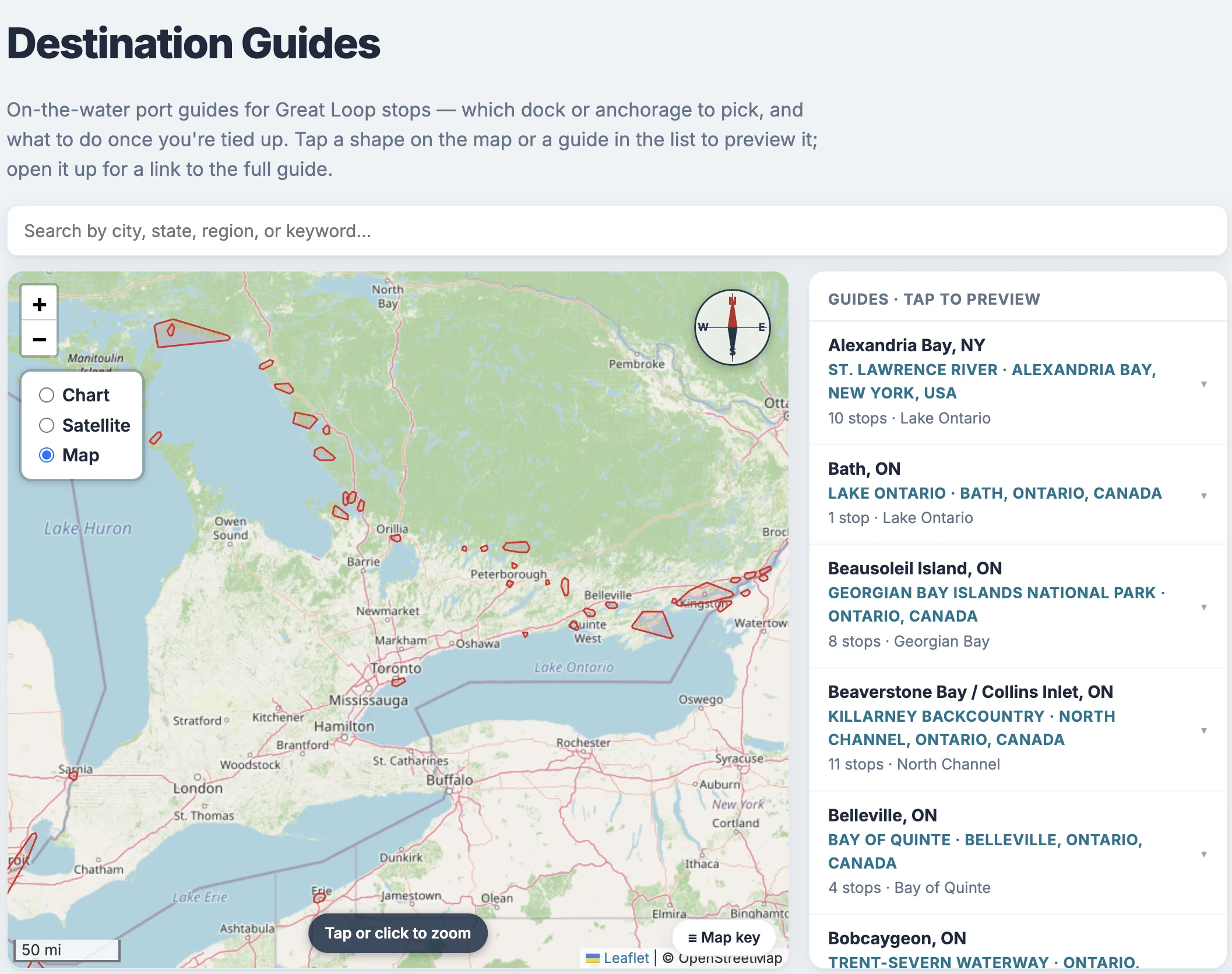 The Destination Guides overview map, showing red guide-coverage shapes strung from Georgian Bay through the Trent-Severn corridor to the Thousand Islands, with a scrollable guide list alongside (Alexandria Bay, Bath, Beausoleil Island, Beaverstone Bay, Belleville, Bobcaygeon).