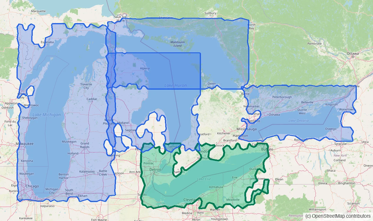 A map of the Great Lakes with five outlined routing regions — Georgian Bay and the North Channel, Lake Huron, Lake Michigan, Lake Ontario and the Thousand Islands, and the newly added Lake Erie and Lake St. Clair region highlighted in green.