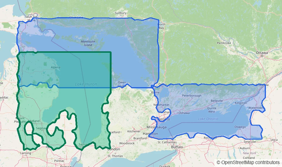 A map of the Great Lakes with three outlined routing regions — Georgian Bay and the North Channel, Lake Ontario and the Thousand Islands, and the newly added Lake Huron region highlighted in green.