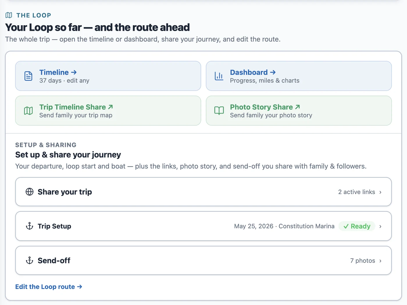 The Loop section: Timeline, Dashboard, Trip Timeline Share, and Photo Story Share cards, plus Share your trip, Trip Setup, and Send-off rows.