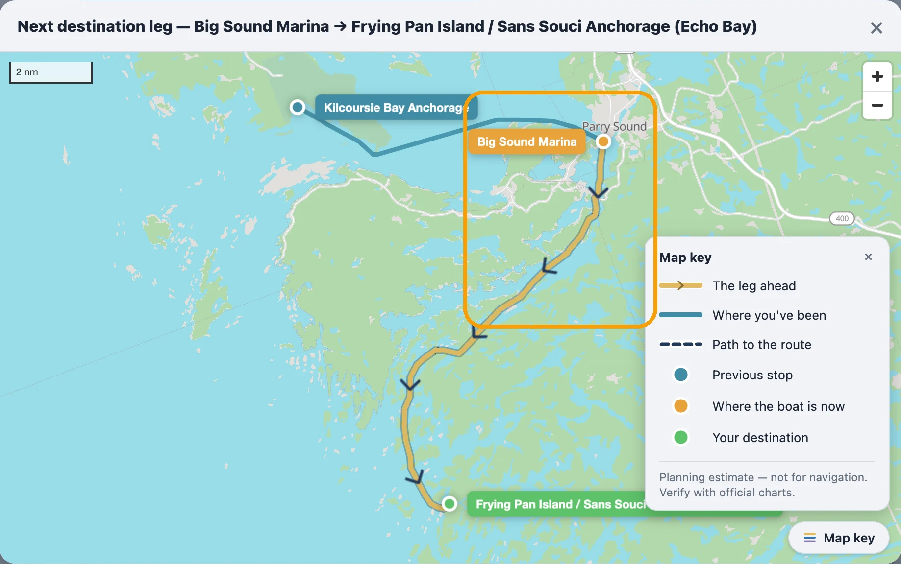 The next destination leg map from Big Sound Marina to Frying Pan Island / Sans Souci Anchorage (Echo Bay), showing the route threading the inside channel behind Parry Sound rather than the open water outside.