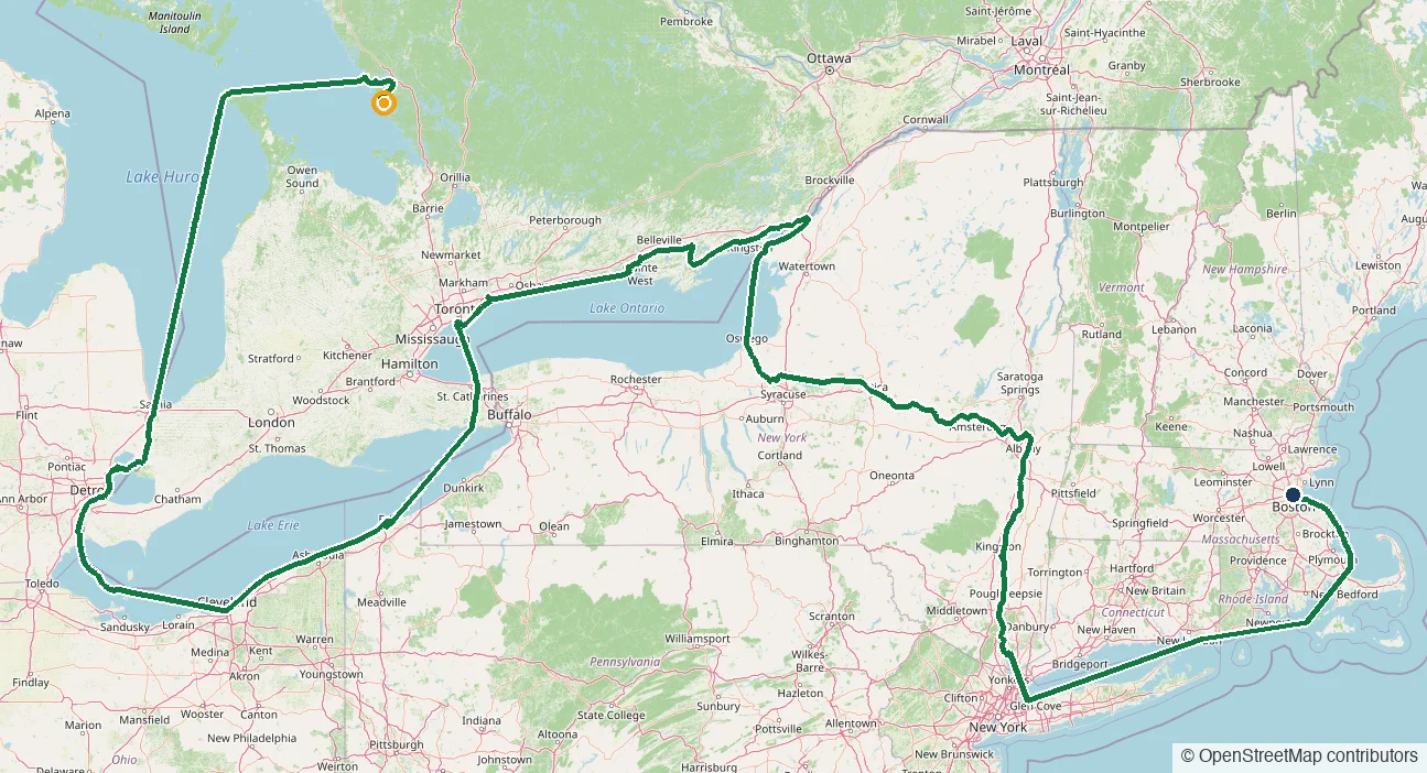 A Great Loop trip map with the completed track drawn stop to stop from Boston through the canals and lakes into Georgian Bay, ending at an amber current-stop ring.