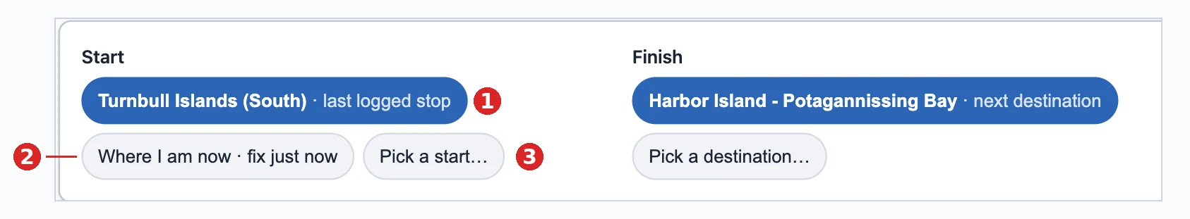 The Next Leg Planner's Start and Finish controls. Start shows a selected blue chip reading Turnbull Islands (South), last logged stop, with two more options below it: Where I am now, fix just now; and Pick a start. Finish shows a selected blue chip reading Harbor Island - Potagannissing Bay, next destination, with a Pick a destination option below.