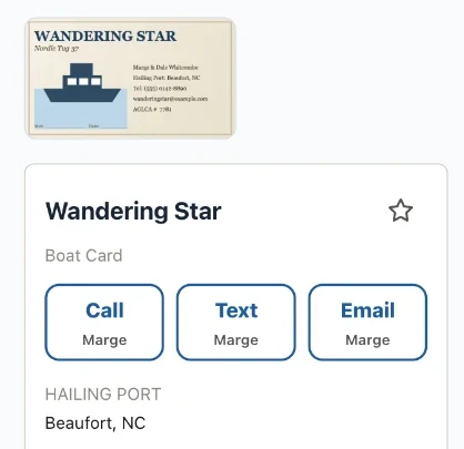 A boat card open on a phone — the photographed card at the top, then Call, Text and Email buttons each showing the first name they'll reach, above the boat's hailing port, make and crew.
