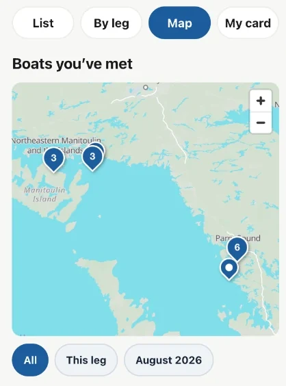 The Boat Cards map on a phone — Georgian Bay and the North Channel with five pins, three of them carrying a count, and filter chips reading All, This leg and August 2026.