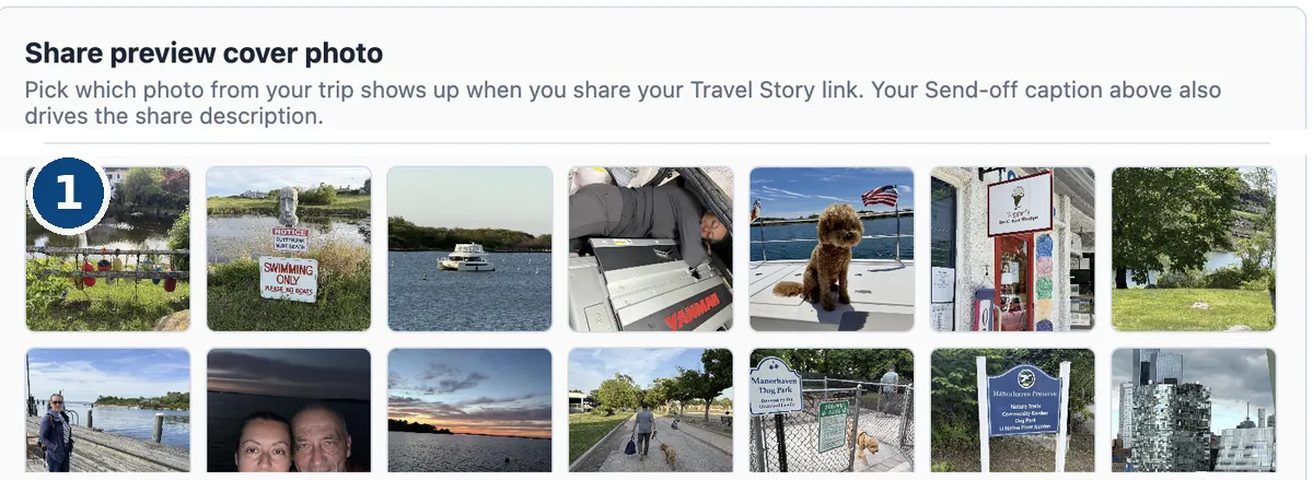 The Share preview cover photo panel, headed Pick which photo from your trip shows up when you share your Travel Story link, above a grid of small square photos from a trip — a marina, a Cuttyhunk swimming sign, a boat at anchor, an engine bay, a dog on the foredeck, an ice cream shop, a sunset, a dog park sign, a city skyline.