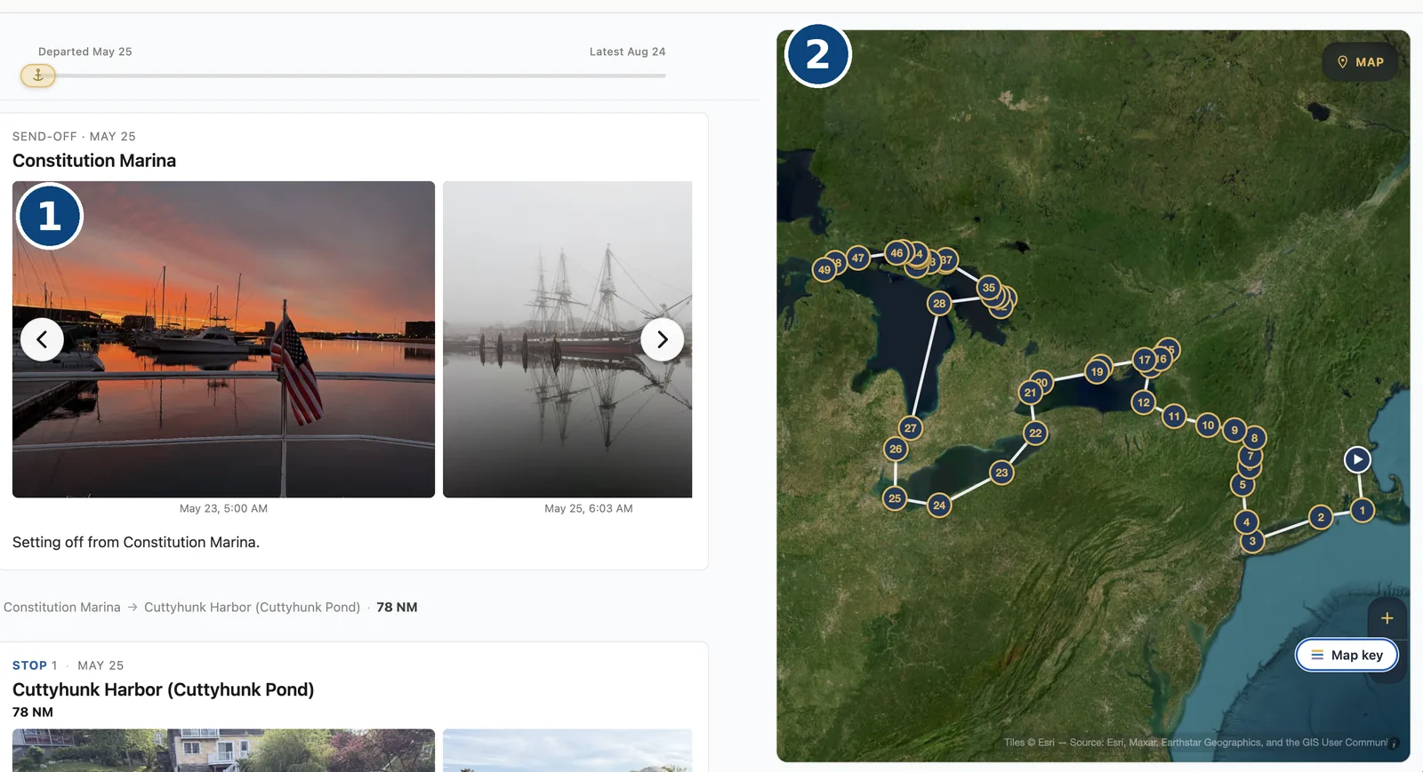 A shared Photo Story open in a browser. On the left a Send-off card headed Constitution Marina holds two photos — a sunrise over the marina with an American flag on the stern rail, and USS Constitution lying in fog — each captioned with its date and time, above the line Setting off from Constitution Marina. On the right the whole Great Loop route is drawn on a satellite map with forty-nine numbered stops.