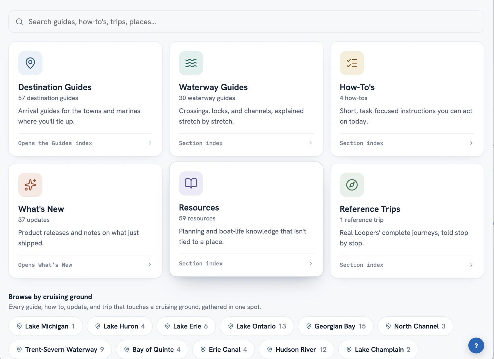 The Library home page — six shelf cards for Destination Guides, Waterway Guides, How-To's, What's New, Resources, and Reference Trips, with browse-by-cruising-ground chips below.
