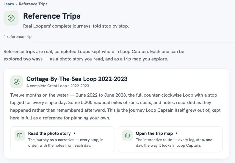 The Reference Trips shelf showing the Cottage-By-The-Sea Loop 2022-2023 card, with two doors: Read the photo story and Open the trip map.