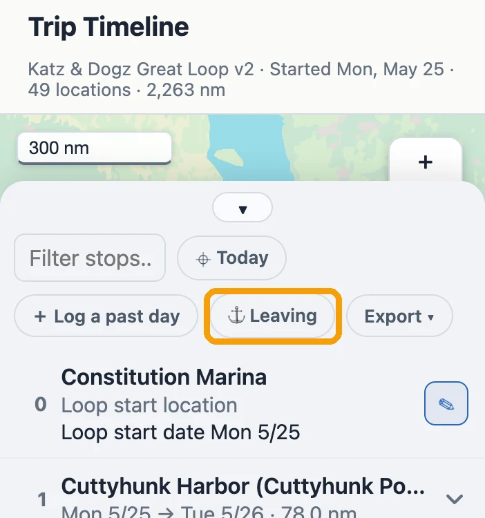 The Trip Timeline on a phone with the stops list open: Filter stops, Today, Log a past day, Leaving (ringed in amber) and Export, above the first stops of the trip.