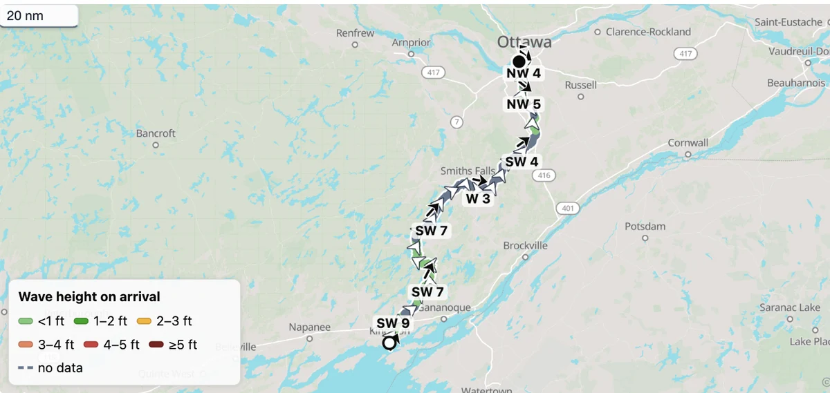 The Leg Departure Planner's map from Kingston to Ottawa: the route runs north from Kingston up the Rideau through Smiths Falls to Ottawa, with wind labels along it (SW 9, SW 7, W 3, SW 4, NW 5, NW 4) and the wave-height key.