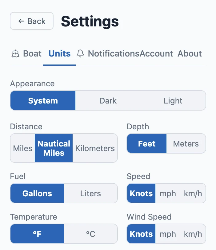 Settings → Units on a phone: Appearance System, Dark, Light; Distance Miles, Nautical Miles (picked), Kilometers; Depth Feet or Meters; Fuel Gallons or Liters; Speed Knots, mph, km/h; Temperature °F or °C; Wind Speed Knots, mph, km/h.