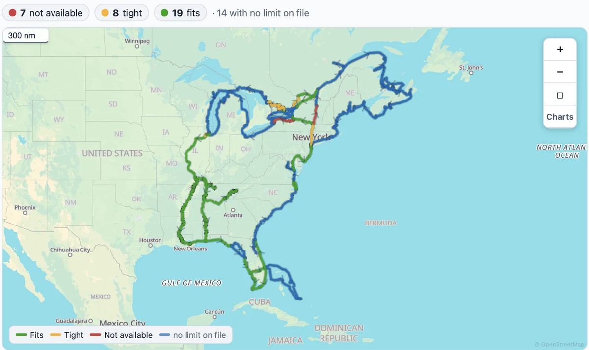 Can My Boat Do the Loop? for a boat with a 19 ft air draft: 7 not available, 8 tight, 19 fits, 14 with no limit on file. The whole Loop on the map, the rivers and the Gulf in green, the Hudson in amber, the Champlain Canal and the western Erie in red, the coasts and Canadian water in blue where no limit is on file.