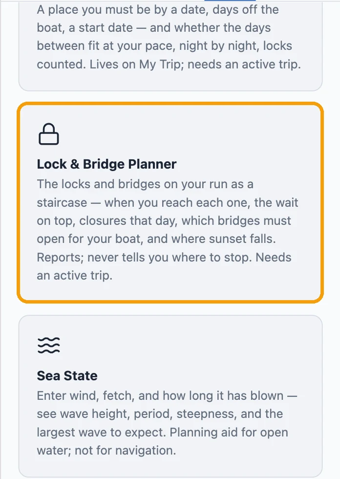 The Tools page with the Lock & Bridge Planner tile ringed in amber.