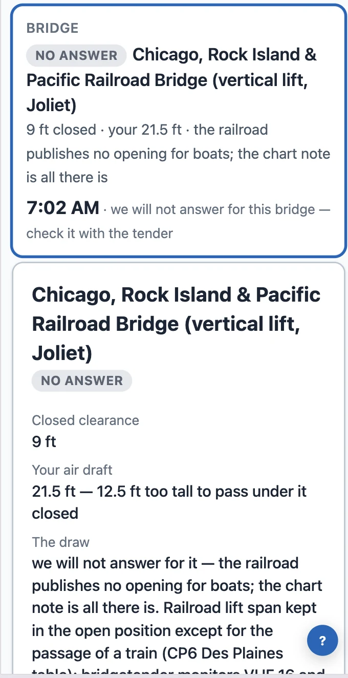 A railroad bridge's card: NO ANSWER. Chicago, Rock Island & Pacific Railroad Bridge (vertical lift, Joliet), 9 ft closed, your 21.5 ft — 12.5 ft too tall to pass under it closed. The draw: we will not answer for it — the railroad publishes no opening for boats; the chart note is all there is.