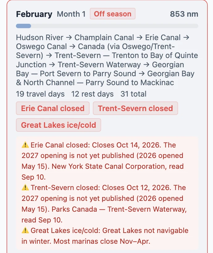 Seasonal Timing Planner, February, off season: Erie Canal closed — Closes Oct 14, 2026. The 2027 opening is not yet published (2026 opened May 15). New York State Canal Corporation, read Sep 10. Trent-Severn closed — Closes Oct 12, 2026, Parks Canada, read Sep 10.