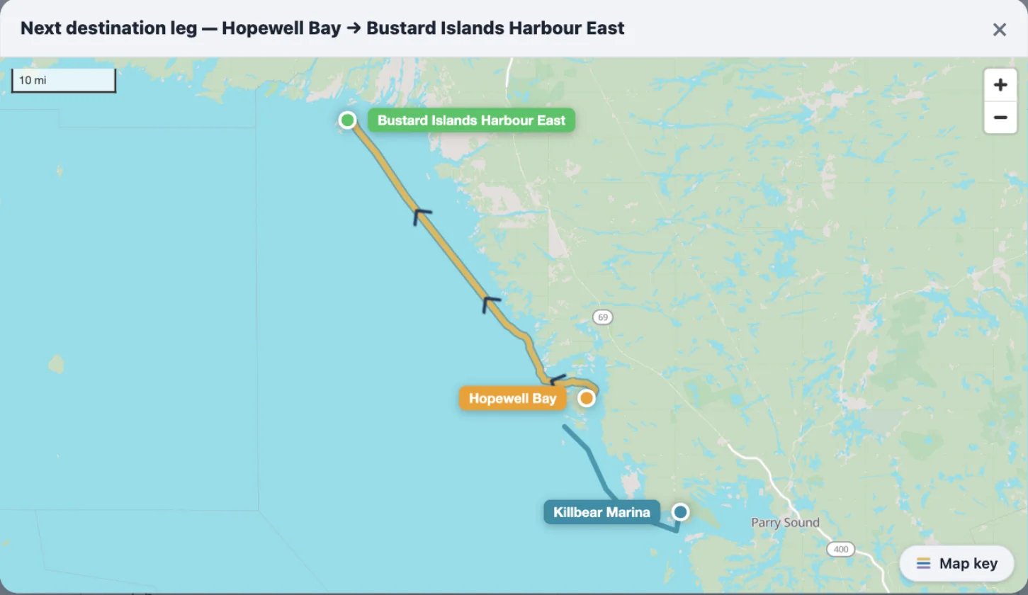 The Next destination leg map on My Trip, zoomed to the east shore of Georgian Bay. A gold water route runs from an orange Hopewell Bay pin north-west along the coast to a green Bustard Islands Harbour East pin, with direction arrows along it; a teal line behind marks the previous day's run in from Killbear Marina near Parry Sound.