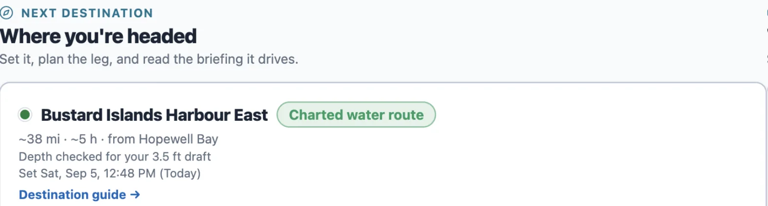 The Next destination card on My Trip. The destination Bustard Islands Harbour East carries a green pill reading Charted water route; under it, 38 mi, 5 h, from Hopewell Bay, and the line Depth checked for your 3.5 ft draft.