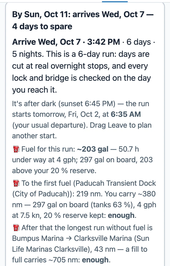 The top of the Lock & Bridge Planner for Alton to Nashville by Sun, Oct 11: By Sun, Oct 11: arrives Wed, Oct 7 — 4 days to spare. Arrive Wed, Oct 7 · 3:42 PM · 6 days · 5 nights. It's after dark (sunset 6:45 PM) — the run starts tomorrow, Fri, Oct 2, at 6:35 AM (your usual departure). Then three fuel lines: Fuel for this run ~203 gal; to the first fuel at Paducah 219 nm, You carry ~380 nm, enough; the longest run without fuel, Bumpus Marina to Clarksville Marina, 43 nm, enough.