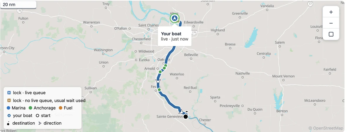Day 1's map from Alton toward Sainte Genevieve: the boat marker ringed green at Alton with its card — Your boat, live · just now — the day's line down the Mississippi past St. Louis with its anchorages, and the map key.